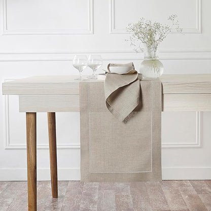 D'Moksha Homes Linen Natural Table Runner 132 Inches Long - 100% Pure Linen Extra Long Table Runner 14 x 132 Inch for Winter, Christmas, Holiday - Classic Hemstitch