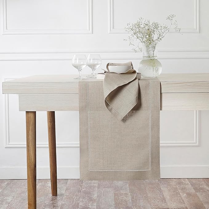 D'Moksha Homes Linen Natural Table Runner 108 Inches Long - 100% Pure Linen 14 x 108 Inch Table Runner for Winter, Christmas, Holiday - Classic Hemstitch