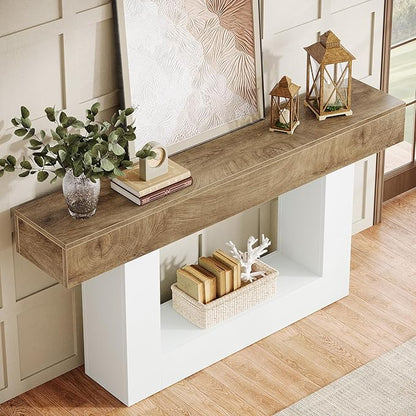 Tribesigns 63-Inch Long Console Table, 2-Tier Entryway Table Sofa Table with Storage, Farmhouse Wood Behind Couch Table for Living Room, Hallway, Light Brown & White