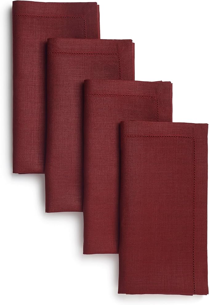 D'Moksha Homes Dark Red Linen Napkins Set of 4 - Classic Hemstitch 100% Pure Linen Hemstitch Dinner Napkins 20 x 20 Inch for Winter, Christmas, Holiday - Handcrafted and Machine Washable