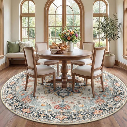 Area Rugs 7ft Washable Non-Slip, Floral Vintage Distress Print Pattern Medallion Carpet for Living Room Bedroom Dining Room, Beige Navy Blue Orange Colorful
