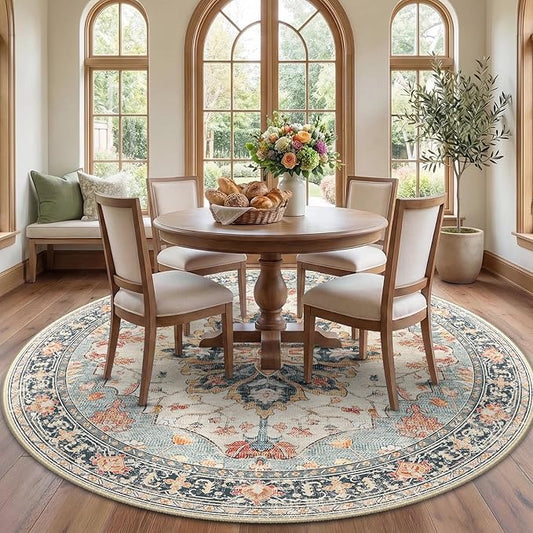 Area Rugs 7ft Washable Non-Slip, Floral Vintage Distress Print Pattern Medallion Carpet for Living Room Bedroom Dining Room, Beige Navy Blue Orange Colorful