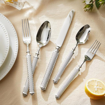 KINGSTONE Retro Rope-Pattern Silverware Set, 60-Piece Flatware Set Cutlery Set Forged with Handcrafted Texture Handles 18/10 Stainless Steel, Dishwasher Safe