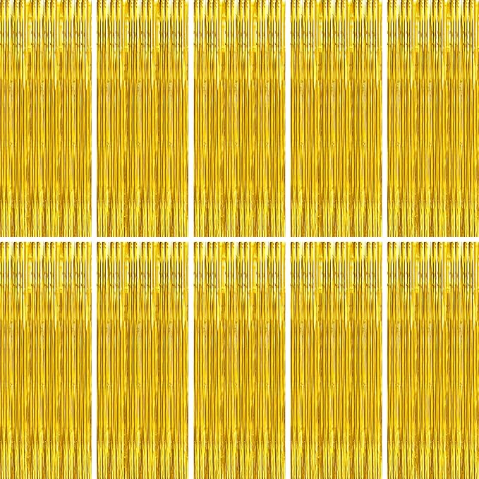BTSD-home 10 Pack Gold Foil Fringe Curtain, Metallic Photo Booth Backdrop Tinsel Door Curtains for Wedding Birthday Bridal Shower Baby Shower Bachelorette Christmas Party Decorations(8ft x 3ft)