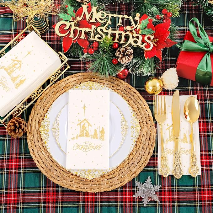 50 Pack Christmas Nativity Paper Napkins Scene - The Birth of Jesus Scene Dinner Napkins - Disposable White Gold Paper Napkin Hand Towels for Dinner Holiday Xmas Party Christmas Eve Decor