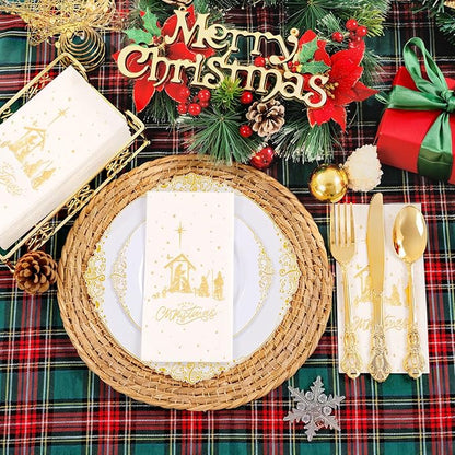 50 Pack Christmas Nativity Paper Napkins Scene - The Birth of Jesus Scene Dinner Napkins - Disposable White Gold Paper Napkin Hand Towels for Dinner Holiday Xmas Party Christmas Eve Decor