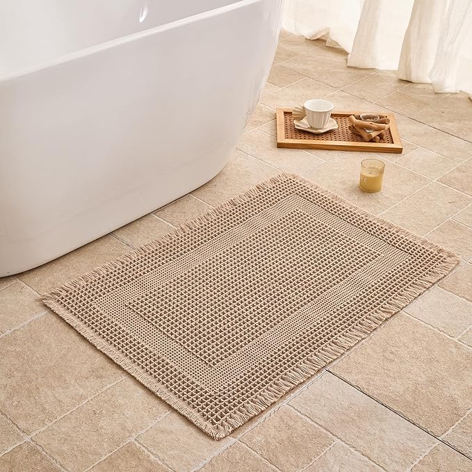 Waffle Bath Mat Non Slip, Boho Bathroom Rug, Super Absorbent Quick Dry Bathroom Mat, Soft Farmhouse Bath Rug with Tassels, Small Washable Shower Mats for Floor 16"x24", Square Brown