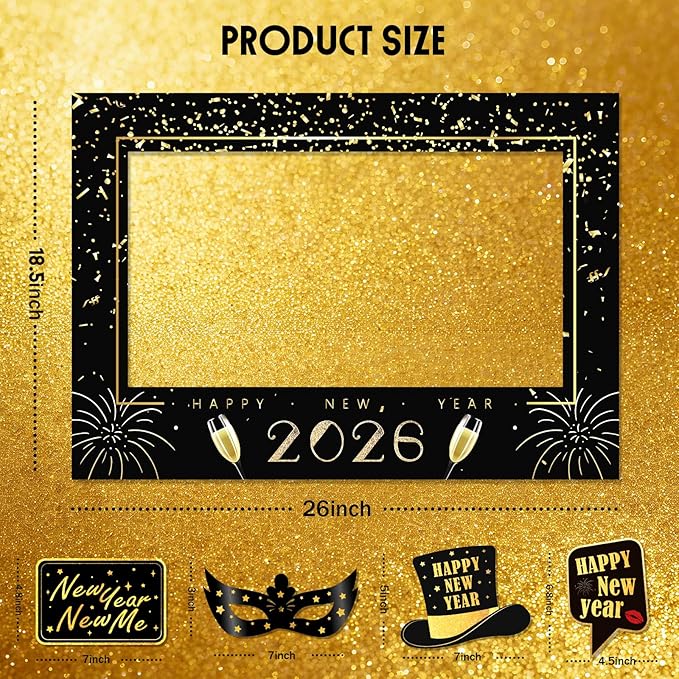 New Years Eve Party Supplies 2026, NYE Photo Booth Props Kit with Glitter Frame, 2026 Glasses & Mustache (Pack of 17)