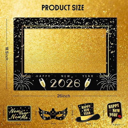 New Years Eve Party Supplies 2026, NYE Photo Booth Props Kit with Glitter Frame, 2026 Glasses & Mustache (Pack of 17)