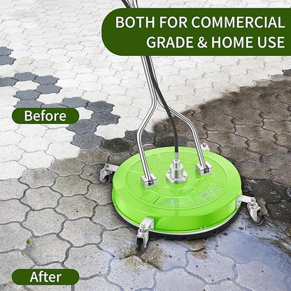 24“ Pressure Washer Surface Cleaner with 4 Wheels - Coated Green Dual Handle Stainless Steel Surface Cleaner for Pressure Washer Attachment for Concrete, Patio, Sidewalk, Deck and Driveways - PWS24G