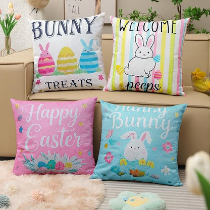 Easter Pillow Covers 18 x 18 Inch,Easter Decorations for Home,Set of 4 Happy Easter Hunny Bunny Pink Blue Decorative Throw Pillow Covers Spring Farmhouse Decor