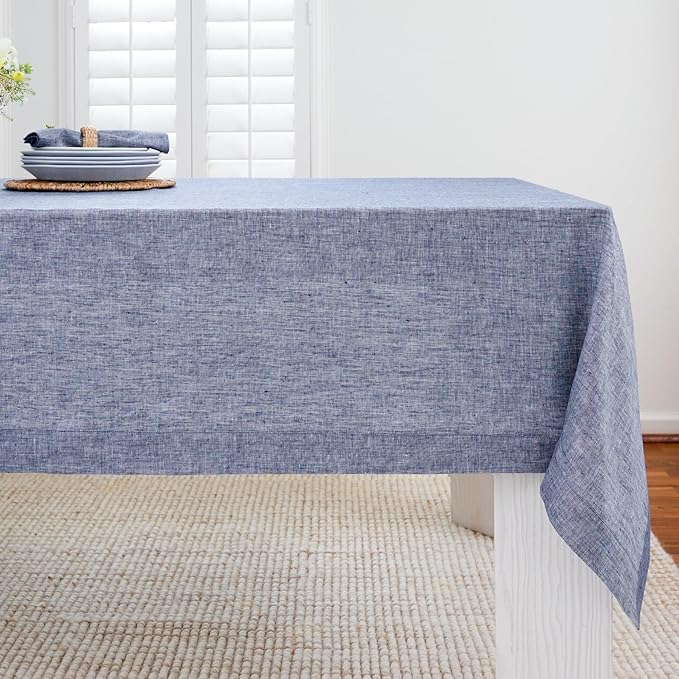 Solino Home Linen Cloth Tablecloth 52 x 52 Inch - 100% Pure Linen Chambray Indigo Square Tablecloth - Athena, Machine Washable Table Throw for Christmas, New Year