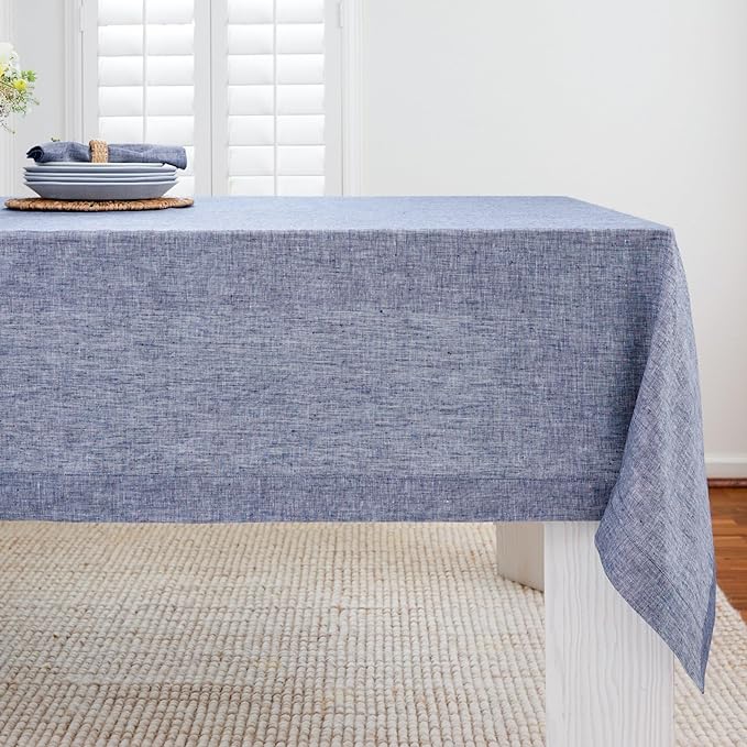 Solino Home Linen Tablecloth 60 x 108 Inch - 100% Pure Linen Chambray Indigo Table Cloth for Rectangle Tables - Athena, Machine Washable Tablecloth for Christmas, New Year