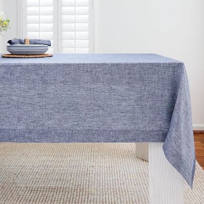 Solino Home Linen Tablecloth 60 x 108 Inch - 100% Pure Linen Chambray Indigo Table Cloth for Rectangle Tables - Athena, Machine Washable Tablecloth for Christmas, New Year