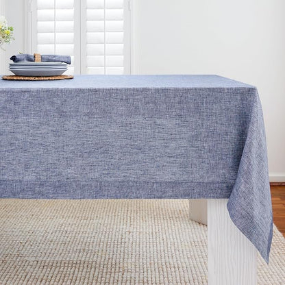 Solino Home Linen Tablecloth 60 x 144 Inch - 100% Pure Linen Chambray Indigo Table Cloth for Rectangle Tables - Athena, Machine Washable Tablecloth for Christmas, New Year