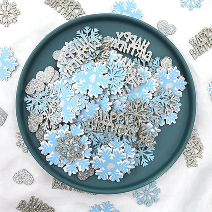 Blue Silver Snowflake Happy Birthday Confetti for Table – 200PC Glitter Heart Snowflakes Table Scatter for Winter Wonderland Birthday Decorations