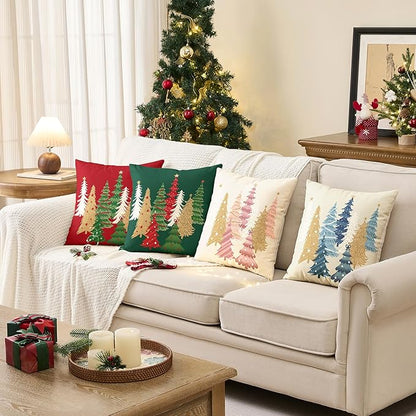 Christmas Pillow Covers 18x18 Inch Set of 2 Red Decorative Christmas Tree Throw Pillows Linen Winter Holiday Decor for Home Sofa Couch Bed Chair