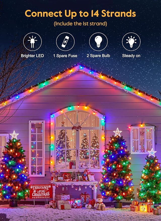 Vintage C9 LED Christmas Lights Outdoor, 50 Feet C9 String Lights with 50 Shatterproof C9 Bulbs, Waterproof Connectable Commercial Christmas Tree Lights for Outside Roofline Patio Decor, Multicolor