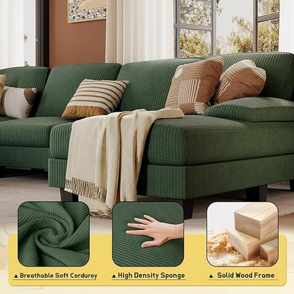 JUMMICO Sectional Couches for Living Room, U Shaped Couch with Chenille Fabric, 4 Seat Modern Sofa with Removable Pillows for Apartment and Small Space (Corduroy, Light Green)