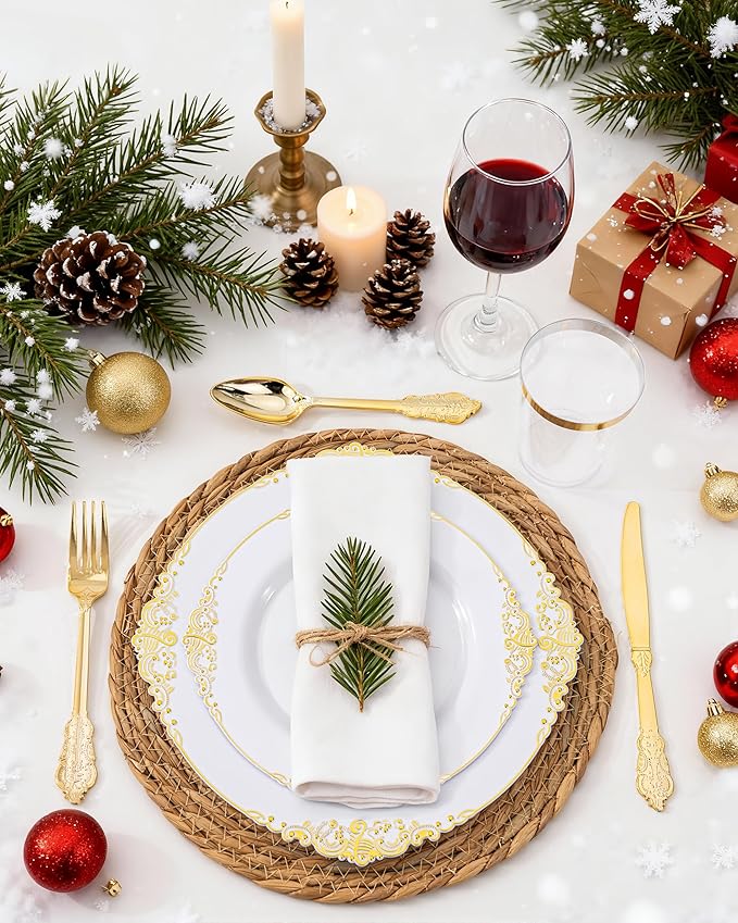 Nervure 175PCS White and Gold Plastic Plates - Disposable Dinnerware Set Include 50 Gold Plates for Dinner and Dessert, 75 Cutlery, 25Cups 25Napkins for Wedding & Party & Thanksgiving