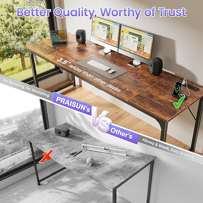 PRAISUN 80 X 24 Inch Office Computer Desk with Power Outlets and USB-C Port, Larger and Longer Gaming Desk, for Home Office, Study, Writing Work from Home Table, Metal Frame, Rustic Brown