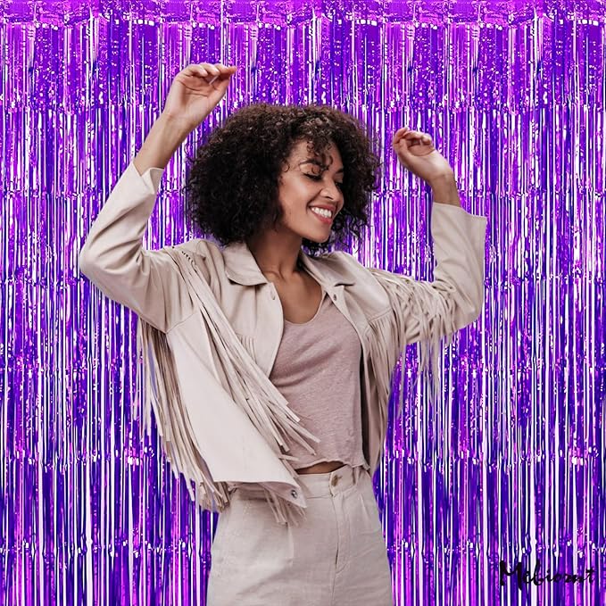 4 Pack Purple Fringe Curtain Backdrop, 3.2Ft x 8.2Ft Metallic Tinsel Foil Fringe Streamers Background for Photo Booth Birthday Wedding Baby Shower Carnival Easter Mother’s Day Party Decorations
