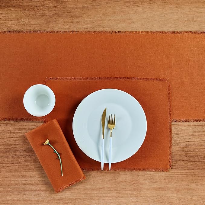 Solino Home Fringe Linen Napkins Set of 4-100% Pure Linen Cinnamon Dinner Napkins 20 x 20 Inch for Fall, Autumn - Handcrafted and Machine Washable