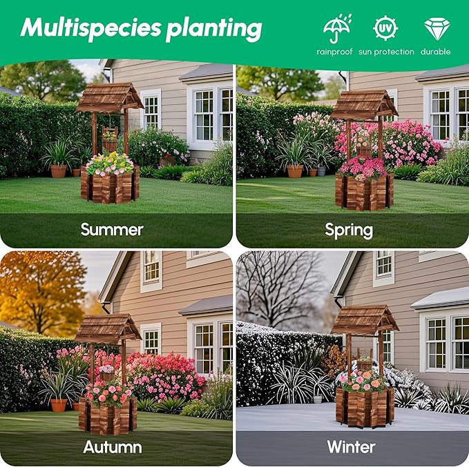 Bezseller Wishing Wells for Outdoors, Wooden Wishing Well Planter for Outdoor Yard, Large Rustic Outdoor Flower Planters with 4 Reinforced Rod & Hanging Bucket for Backyard Patio Garden Home Decor