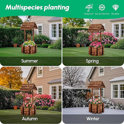 Bezseller Wishing Wells for Outdoors, Wooden Wishing Well Planter for Outdoor Yard, Large Rustic Outdoor Flower Planters with 4 Reinforced Rod & Hanging Bucket for Backyard Patio Garden Home Decor