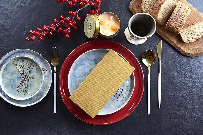 Gold Paper Napkins | Linen Feel Guest Disposable Cloth Like Dinner Napkins | Hand Towels | Soft, Absorbent, Paper Hand Napkins for Kitchen, Bathroom, Parties, Weddings, Dinners | 50 Pack
