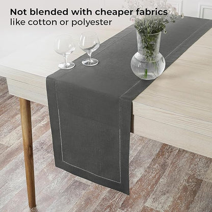 D'Moksha Homes Linen Charcoal Grey Table Runner 120 Inches Long - 100% Pure Linen Hemstitch 14 x 120 Inch Table Runner for Dining, Winter, Christmas, Holiday - Classic Hemstitch