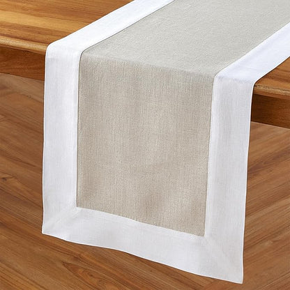 Solino Home Linen Table Runner 36 Inches - 100% Pure Linen White and Natural Short Table Runner 14 x 36 Inch Ideal for Dresser and Coffee Tables - Contempo - Holiday, Winter