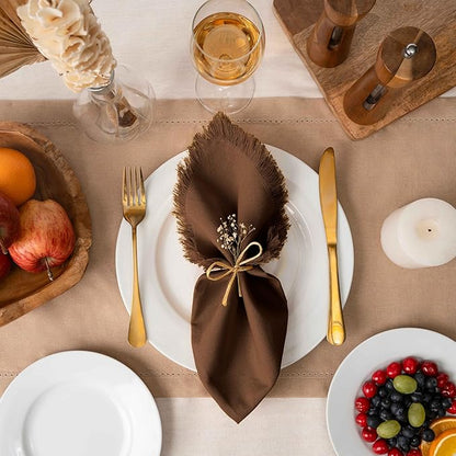 Blue Needles Handmade Cotton Linen Cloth Napkins with Fringes - Set of 6 Nut Brown Dinner Table Napkins 18x18 Inch Hemmed Edges Washable, Soft, Reusable, Perfect for Fall Thanksgiving & Family Dinner