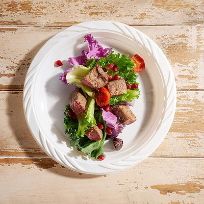 Munfix 100 Pack White Plastic Dinner Plates, 9 Inch Disposable Plates, Bulk Pack for Party, BBQ, Picnic, Parties, Travel and Events, Microwavable Recyclable