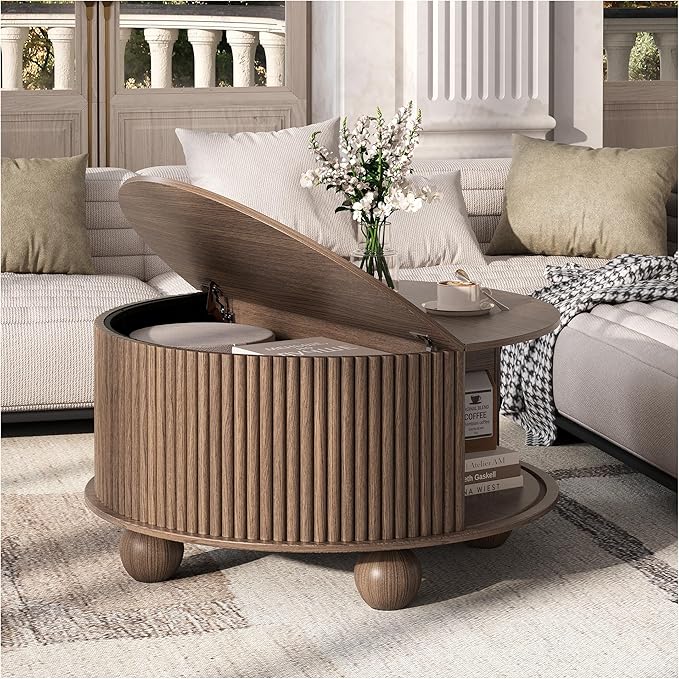 Round Coffee Table with Storage, 31.5" Walnut Fluted Drum Center Table, Mid Century Modern Wood Circle Table with Sliding Door & Bun Feet for Living Room