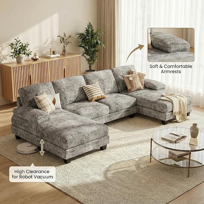 Homall Modular Sectional U Shaped Sofa Couches for Living Room, Comfy Chenille 4 Seat Sofa Set with Removable Pillows, Lounge Chaise Upholstered Couch for Apartment (Chenille, Grey)