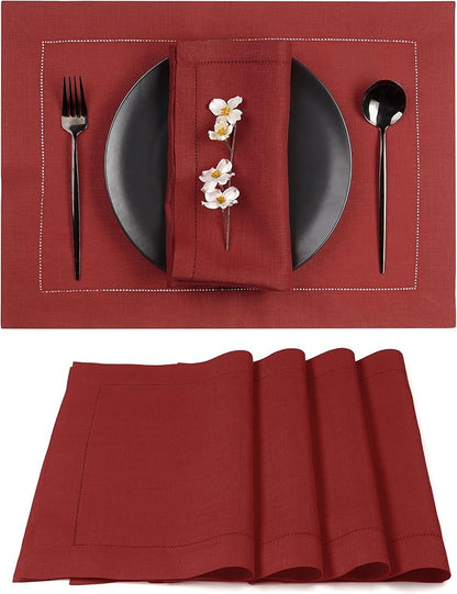 D'Moksha Homes Red Linen Placemats Set of 4 - Classic Hemstitch Placemats 14 x 19 Inch - 100% Pure Linen Table Mats for Winter, Christmas, Holiday - Handcrafted and Machine Washable
