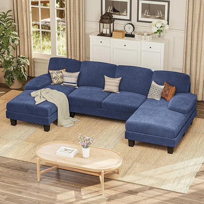 Furmax Sectional Couches for Living Room, U-Shaped Sofa Couch with Linen Fabric, 4 Seat Sofa Set with Double Chaise for Apartment (Loop Yarn, Navy Blue)