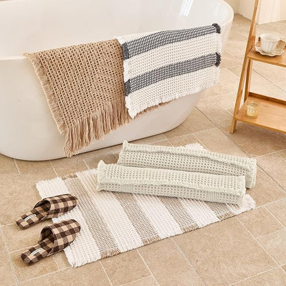 Waffle Bath Mat Non Slip, Boho Bathroom Rug, Super Absorbent Quick Dry Bathroom Mat, Soft Farmhouse Bath Rug with Tassels, Small Washable Shower Mats for Floor 24"x36", Tassels Cream