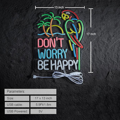 Don't Worry Be Happy Neon Sign for Wall Décor Dimmable USB Beer Bar LED Neon Light Compatible With Timer for Tiki Bar Decor Man Cave Parties Gift