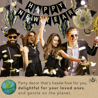 Premium Reusable New Years Decorations 2026 - Multi-occasion Happy New Year Banner also spells Happy Birthday, Fast Assembly with Velcro - NY Eve 2026 Party Supplies / Black and Gold Party Decorations