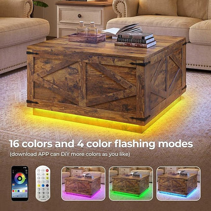 Farmhouse Lift Top Coffee Table, Square Wood Center Table with LED Lighting, USB-C Charging Station, and Hidden Storage Compartment - Rustic Brown Living Room Furniture