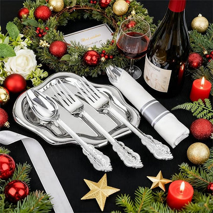 Liacere 400PCS Silver Plastic Silverware - Pre Rolled Napkins Disposable Silver Cutlery-Premium Quality Gold Plastic Utensils - Includes 100Forks,100Knives,100Spoons,100Napkins&Christmas