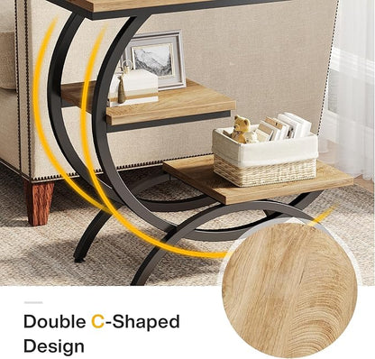 Tribesigns C-Shaped End Table Set of 2, Industrial 3-Tier Small Side Table for Couch, Wood Bedside Table Snack Side Table with Storage Shelves for Living Room Small Space, Light Brown