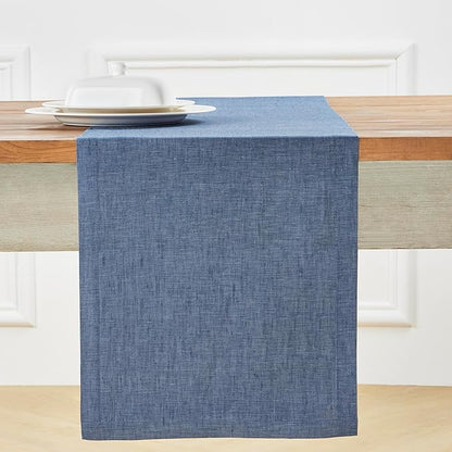 Solino Home Linen Table Runner 156 Inches Long - Athena, 100% Pure Linen Blue Denim Dining Table Runner 14 x 156 Inch for Christmas, New Year