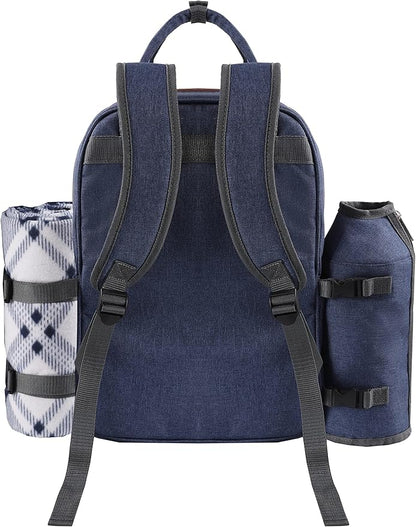ALLCAMP OUTDOOR GEAR Picnic Backpack for 2 Person Set W/Detachable Bottle/Wine Holder, Fleece Blanket, Plates and Cutlery Set (Blue)