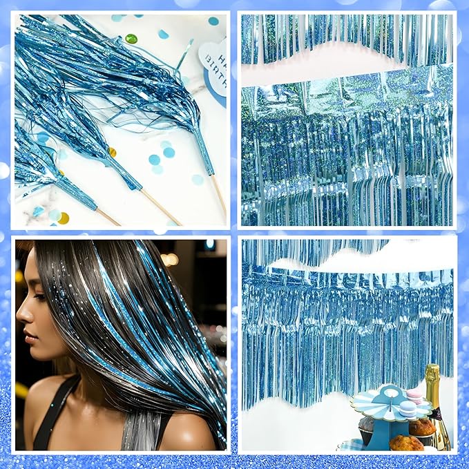 LOLStar 6 Pack Blue Foil Fringe Garland Party Decorations, 59Ft Tinsel Streamers Shiny Blue Wall Hanging Tinsel Fringe Banners for Wedding Birthday Anniversary Christmas New Year Party Decor
