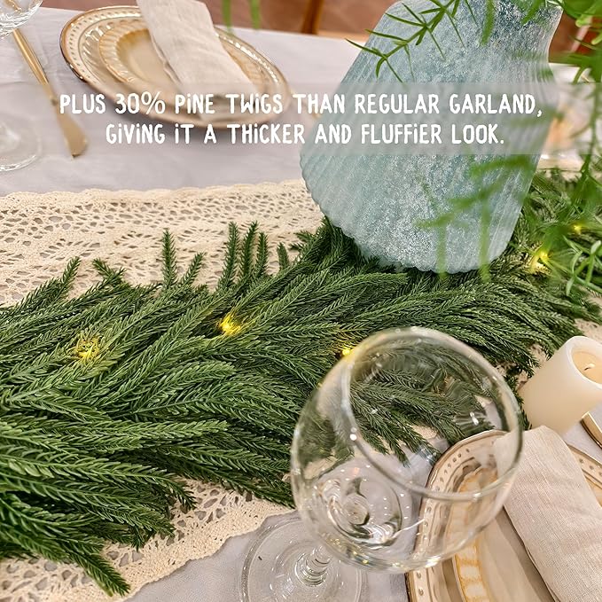 6ft Christmas Garland with Lights,Thick Norfolk Pine Garland, Realistic Green Garlands for Mantle, Stair Railing, Battery Operated Indoor/Outdoor New Year Holiday Decoration with Timer