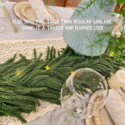 9ft Christmas Garland with Lights, Norfolk Pine Garland, Realistic Green Garlands for Mantle, Stair Railing, Battery Operated Indoor/Outdoor New Year Holiday Decoration with Timer