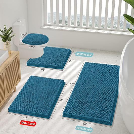 Smiry Luxury Chenille Bathroom Rugs 24x16, Extra Soft and Absorbent Shaggy Bath Mat, Machine Washable, Non-Slip Plush Carpet Runner for Tub, Shower, and Floor, Home Decor Accessories, Peacock Blue